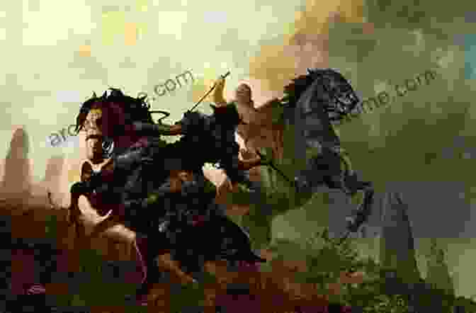 A Fierce Battle Scene, Horses And Knights Clashing In A Cloud Of Dust In Sunlight And In Shadow