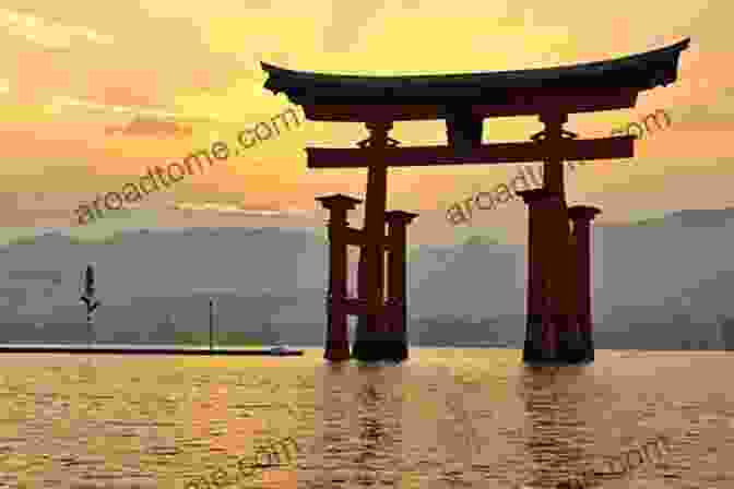 A Vibrant Sunset Over Enoshima Island, With The Iconic Torii Gate In The Foreground. Beautiful Japanese Shonan Sky Full Color Picture